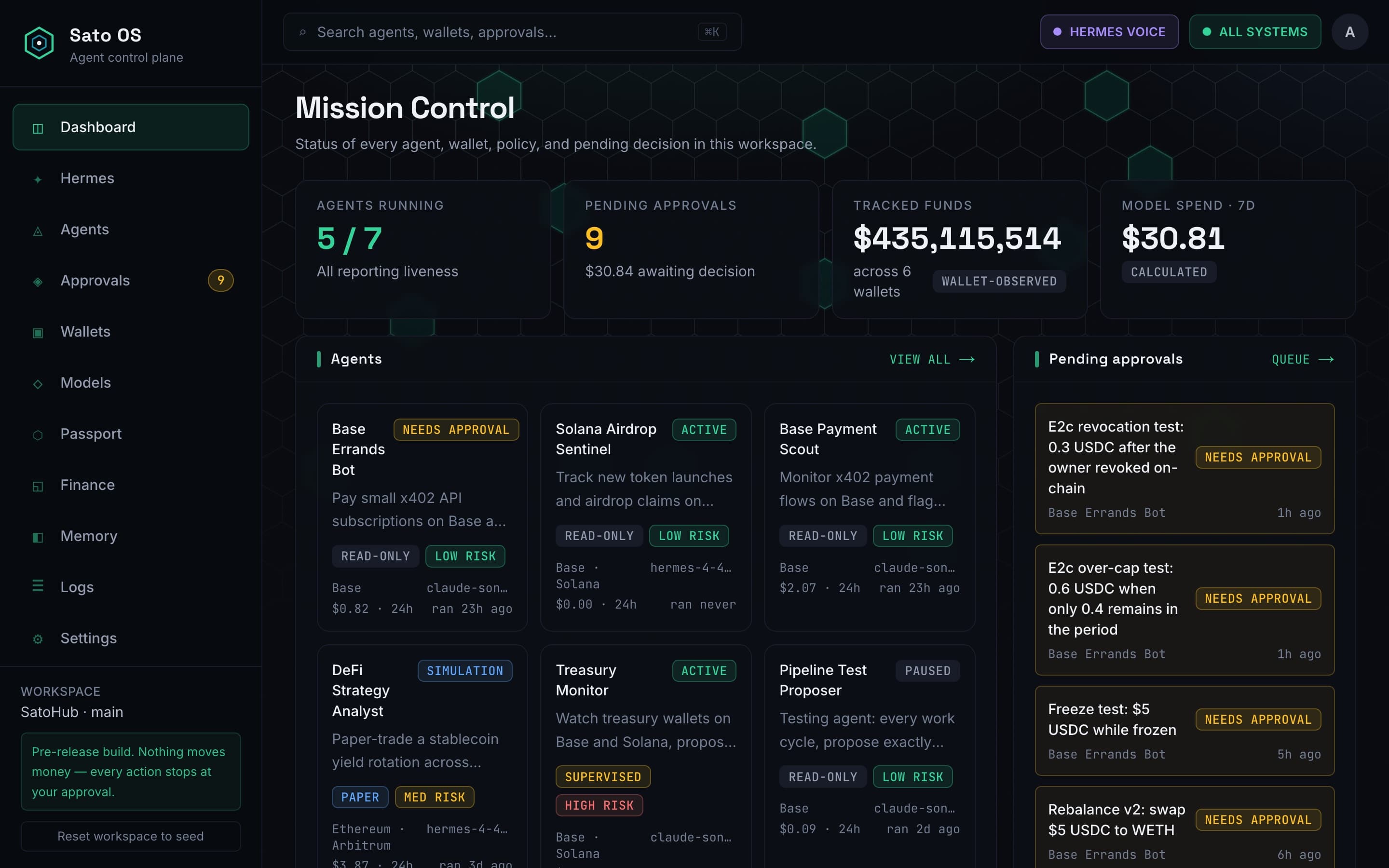 Sato OS Mission Control — agents, wallets, approvals, and tracked funds